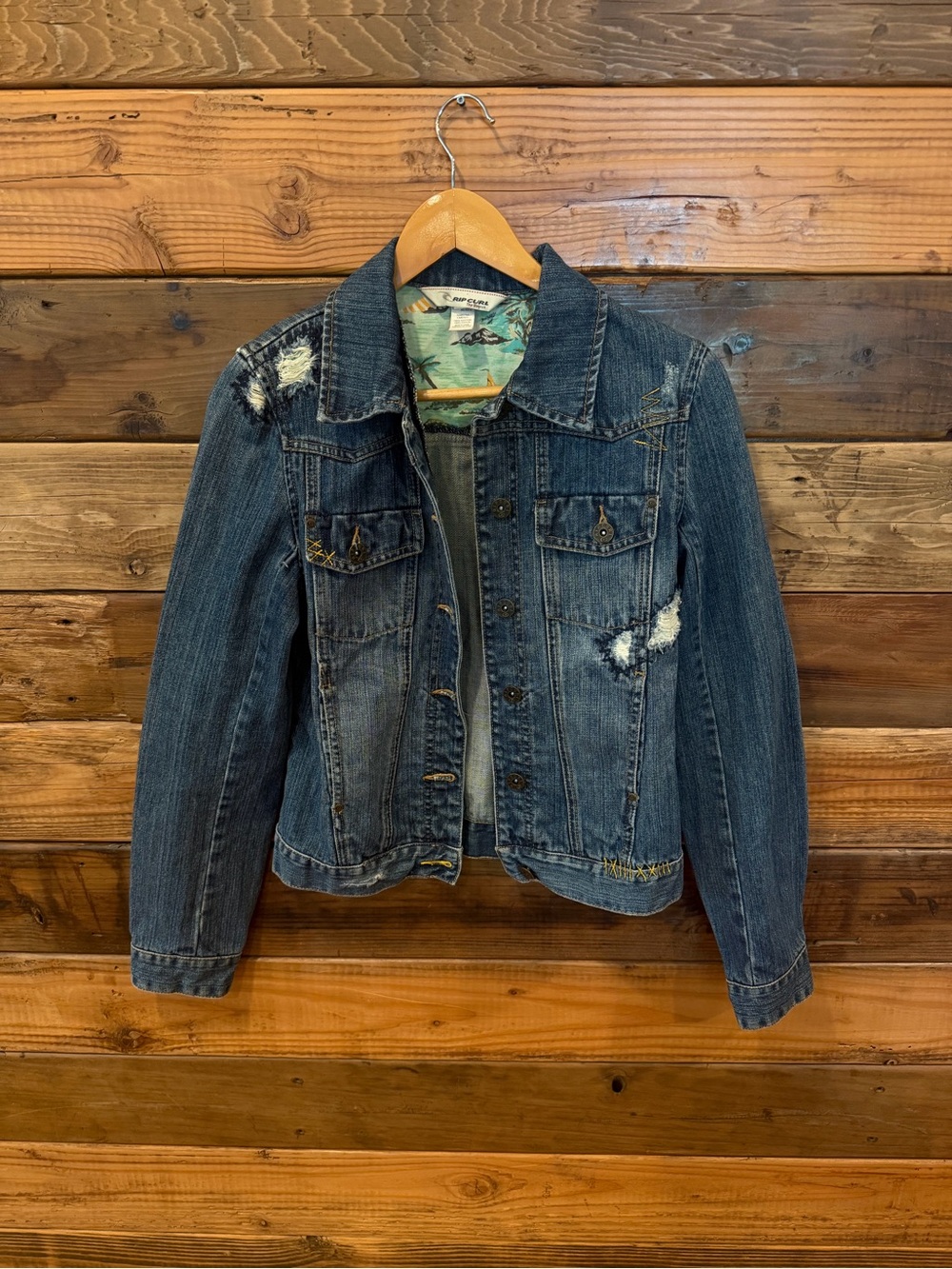 Rip Curl Distressed Dark Blue Denim Jacket - M
